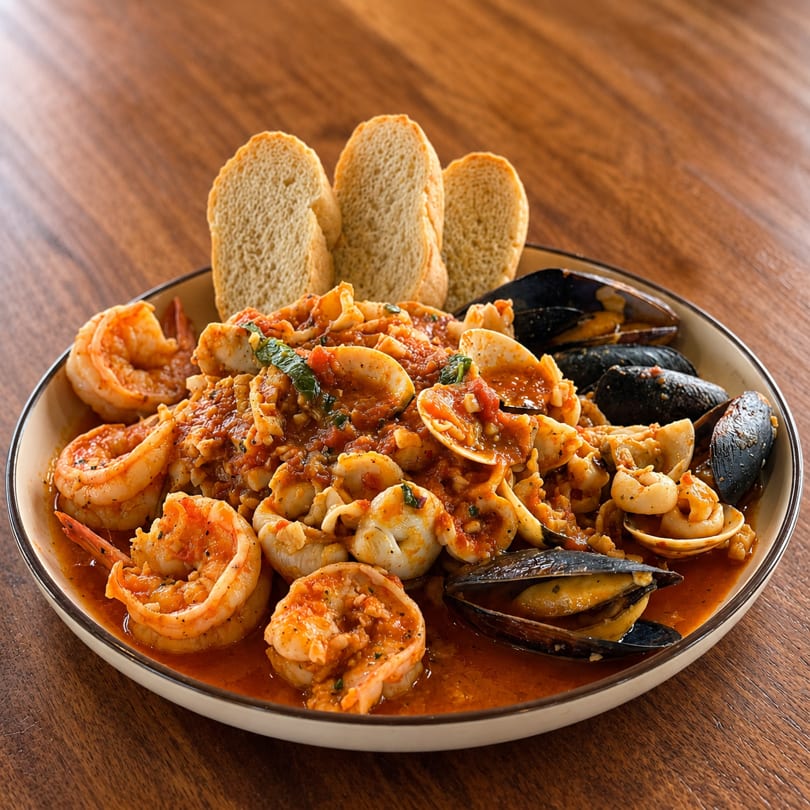Platter of shrimp, mussels, clams, and calamari in tomato sauce with bread slices.