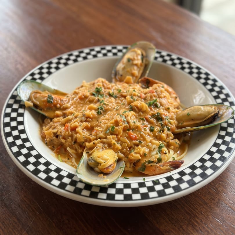 Creamy seafood pasta with mussels and herbs in a black and white checkered bowl.